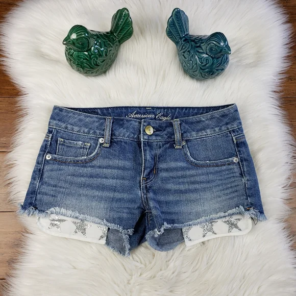 American Eagle sparkle star pocket denim shorts size 0 - Picture 1 of 10